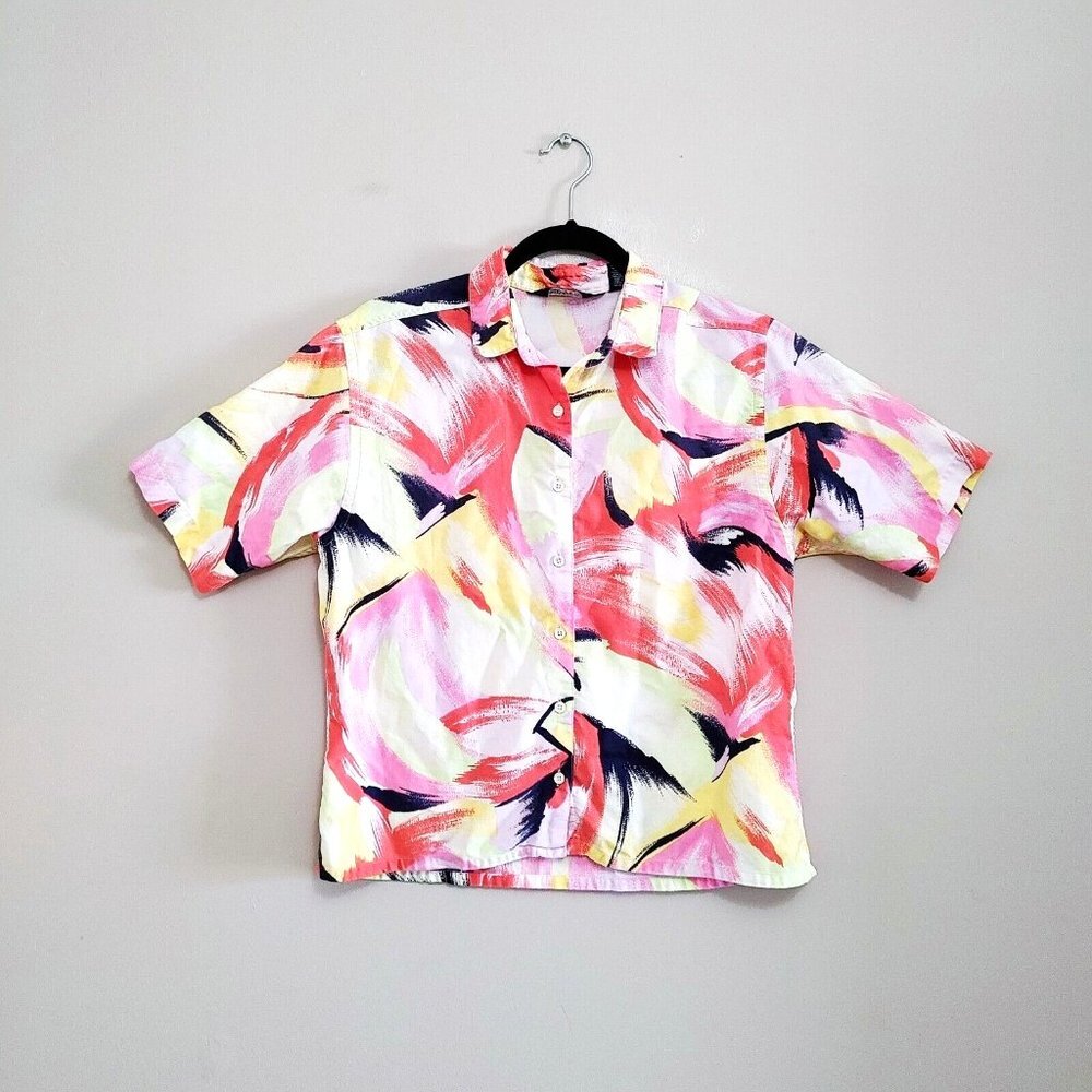 Lands End Women's Floral Print Button Up Top Size Medium Cotton Short Sleeve